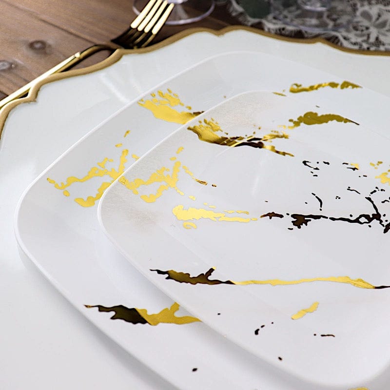 10 Square Metallic Marble Plastic Salad and Dinner Plates - Disposable Tableware