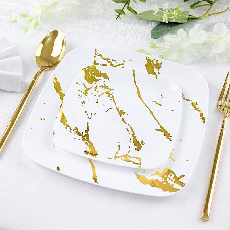 10 Square Metallic Marble Plastic Salad and Dinner Plates - Disposable Tableware