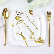 10 Square Metallic Marble Plastic Salad and Dinner Plates - Disposable Tableware