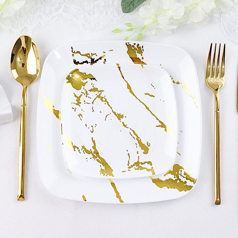 10 Square Metallic Marble Plastic Salad and Dinner Plates - Disposable Tableware