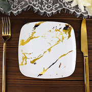 10 Square Metallic Marble Plastic Salad and Dinner Plates - Disposable Tableware