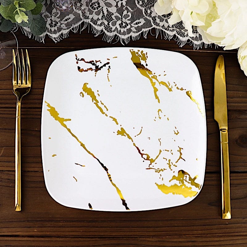 10 Square Metallic Marble Plastic Salad and Dinner Plates - Disposable Tableware