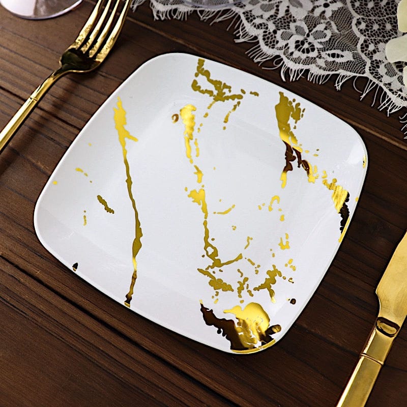 10 Square Metallic Marble Plastic Salad and Dinner Plates - Disposable Tableware