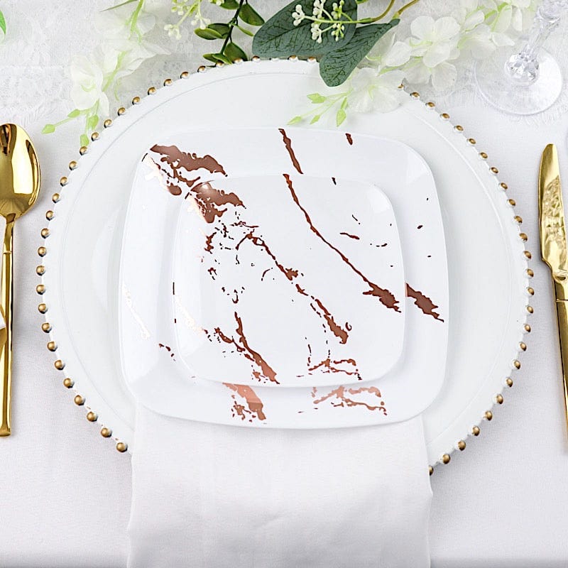 10 Square Metallic Marble Plastic Salad and Dinner Plates - Disposable Tableware