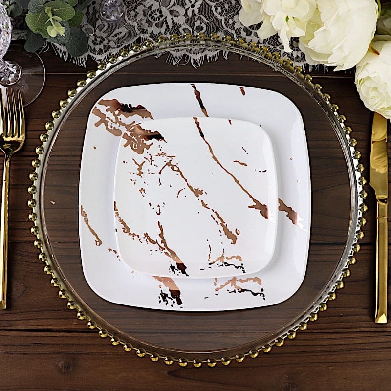 10 Square Metallic Marble Plastic Salad and Dinner Plates - Disposable Tableware