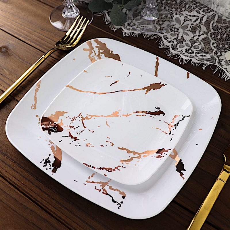 10 Square Metallic Marble Plastic Salad and Dinner Plates - Disposable Tableware