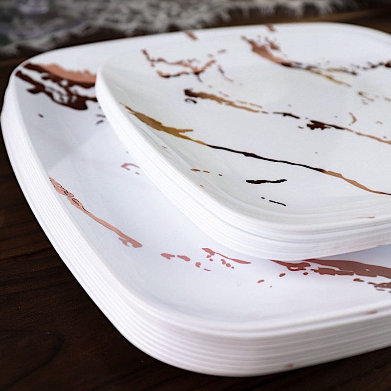 10 Square Metallic Marble Plastic Salad and Dinner Plates - Disposable Tableware