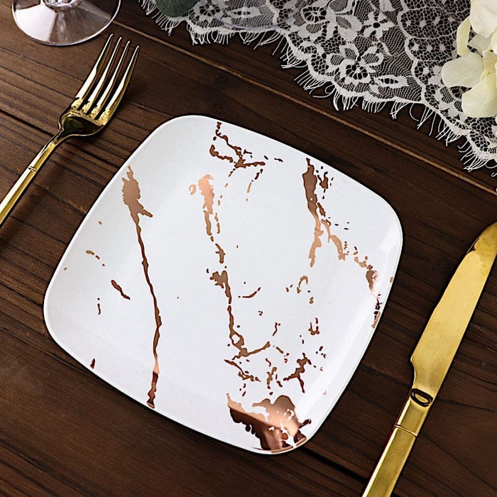 10 Square Metallic Marble Plastic Salad and Dinner Plates - Disposable Tableware