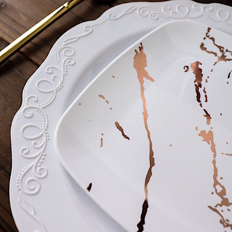 10 Square Metallic Marble Plastic Salad and Dinner Plates - Disposable Tableware