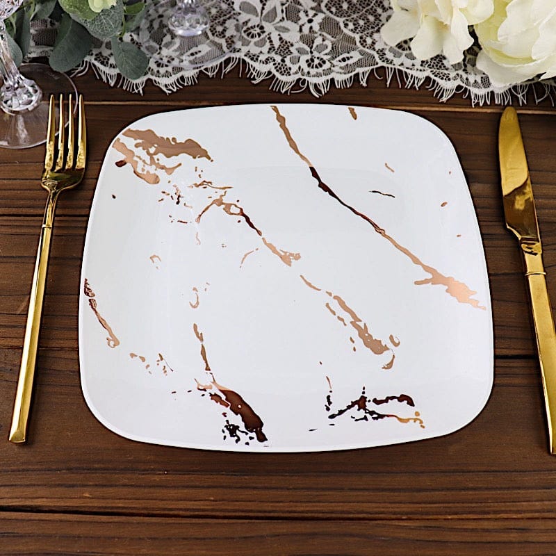10 Square Metallic Marble Plastic Salad and Dinner Plates - Disposable Tableware