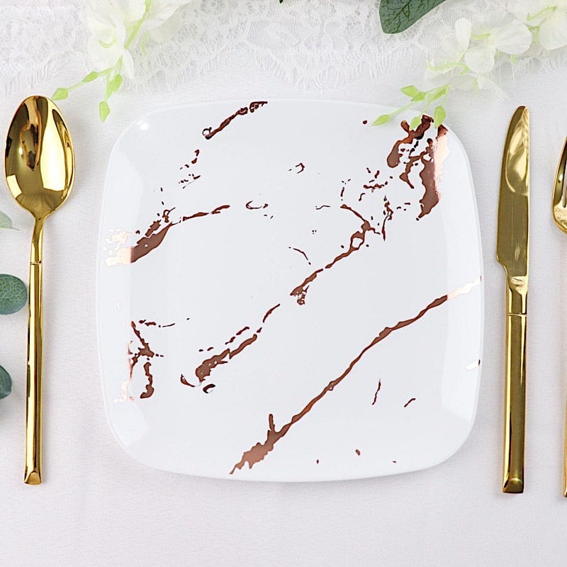 10 Square Metallic Marble Plastic Salad and Dinner Plates - Disposable Tableware
