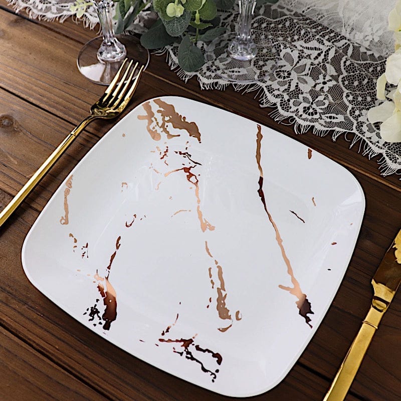 10 Square Metallic Marble Plastic Salad and Dinner Plates - Disposable Tableware