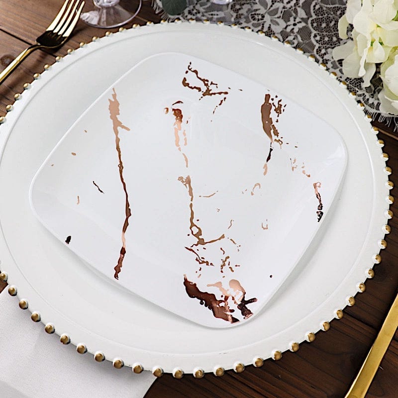 10 Square Metallic Marble Plastic Salad and Dinner Plates - Disposable Tableware