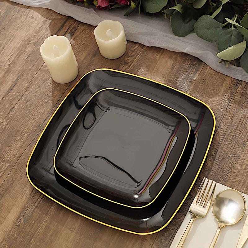 10 Square Plastic Salad and Dinner Plates with Gold Rim - Disposable Tableware