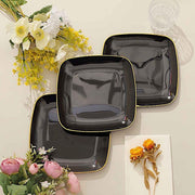 10 Square Plastic Salad and Dinner Plates with Gold Rim - Disposable Tableware