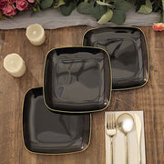 10 Square Plastic Salad and Dinner Plates with Gold Rim - Disposable Tableware