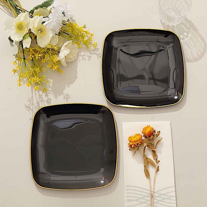 10 Square Plastic Salad and Dinner Plates with Gold Rim - Disposable Tableware