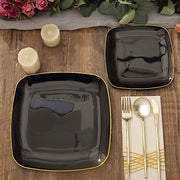 10 Square Plastic Salad and Dinner Plates with Gold Rim - Disposable Tableware