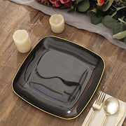 10 Square Plastic Salad and Dinner Plates with Gold Rim - Disposable Tableware
