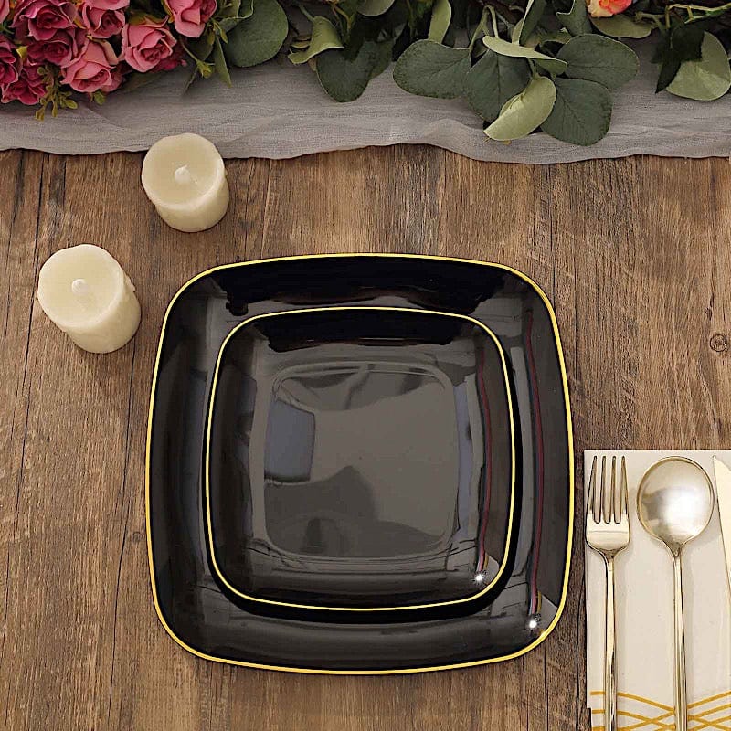 10 Square Plastic Salad and Dinner Plates with Gold Rim - Disposable Tableware