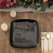 10 Square Plastic Salad and Dinner Plates with Gold Rim - Disposable Tableware