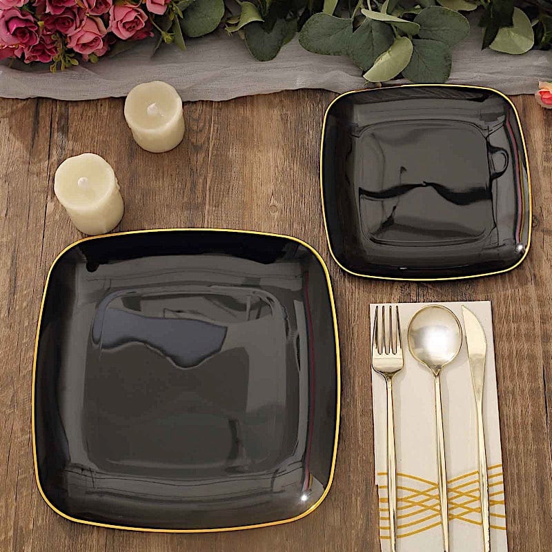 10 Square Plastic Salad and Dinner Plates with Gold Rim - Disposable Tableware