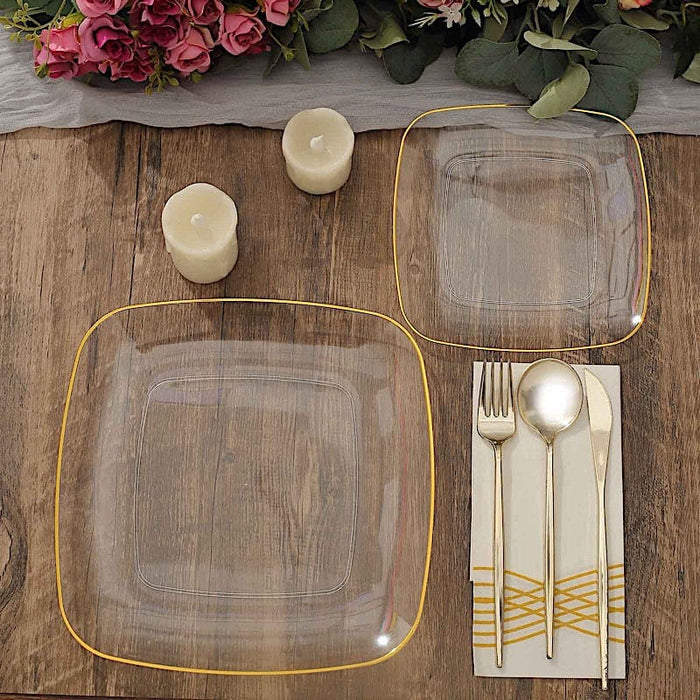 10 Square Plastic Salad and Dinner Plates with Gold Rim - Disposable Tableware