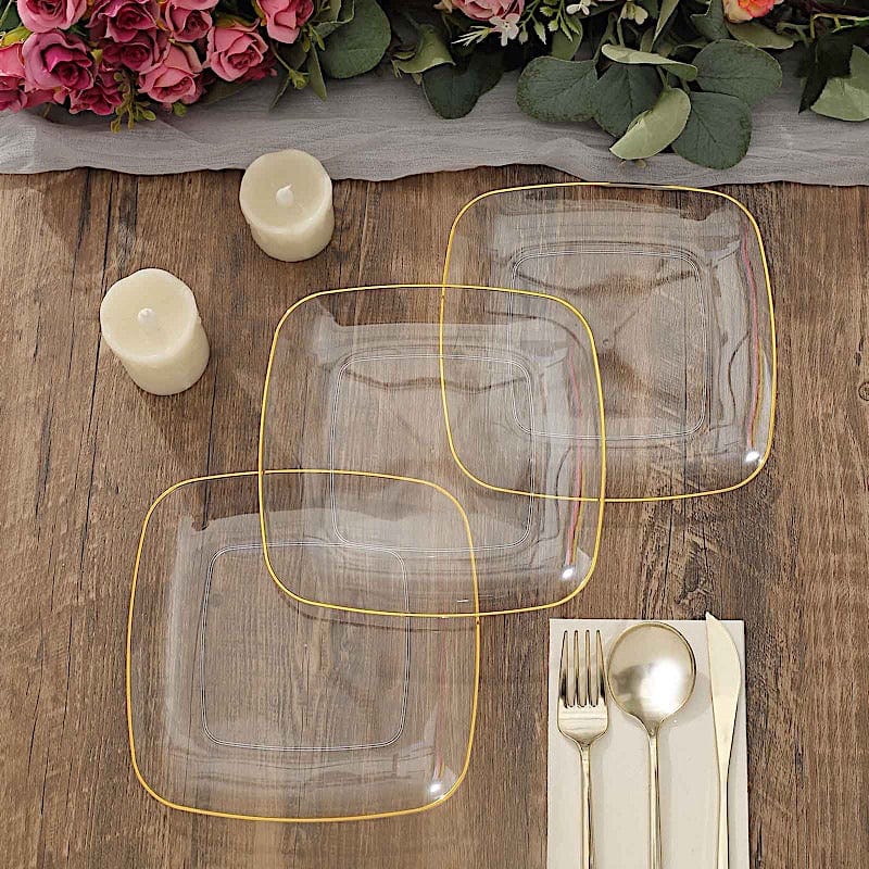 10 Square Plastic Salad and Dinner Plates with Gold Rim - Disposable Tableware