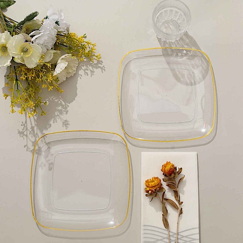 10 Square Plastic Salad and Dinner Plates with Gold Rim - Disposable Tableware