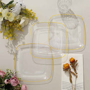 10 Square Plastic Salad and Dinner Plates with Gold Rim - Disposable Tableware