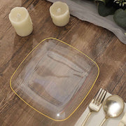 10 Square Plastic Salad and Dinner Plates with Gold Rim - Disposable Tableware