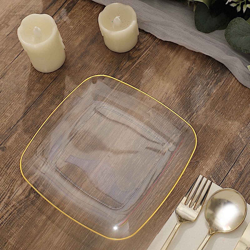 10 Square Plastic Salad and Dinner Plates with Gold Rim - Disposable Tableware