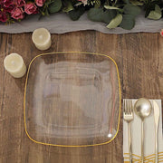 10 Square Plastic Salad and Dinner Plates with Gold Rim - Disposable Tableware