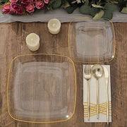 10 Square Plastic Salad and Dinner Plates with Gold Rim - Disposable Tableware