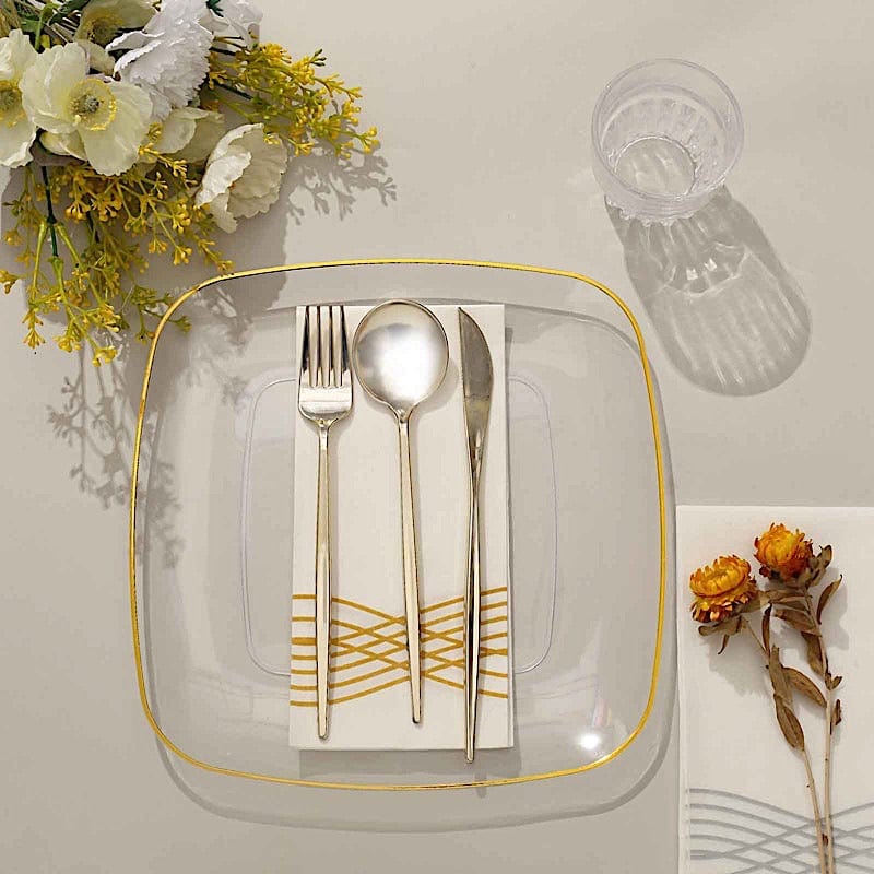 10 Square Plastic Salad and Dinner Plates with Gold Rim - Disposable Tableware