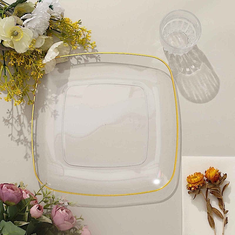 10 Square Plastic Salad and Dinner Plates with Gold Rim - Disposable Tableware