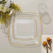 10 Square Plastic Salad and Dinner Plates with Gold Rim - Disposable Tableware
