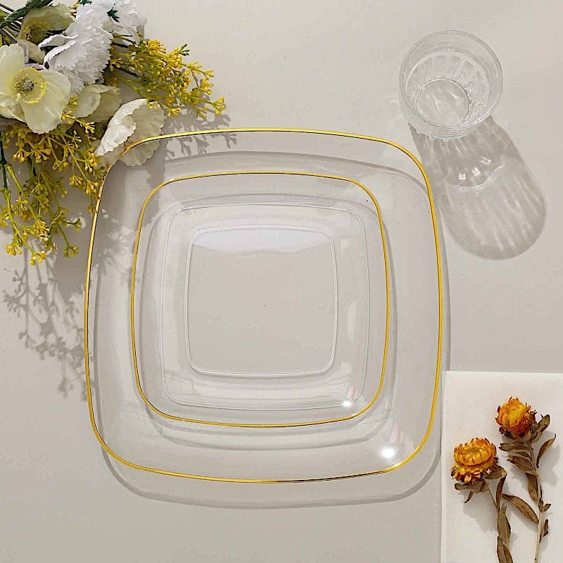 10 Square Plastic Salad and Dinner Plates with Gold Rim - Disposable Tableware
