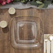 10 Square Plastic Salad and Dinner Plates with Gold Rim - Disposable Tableware