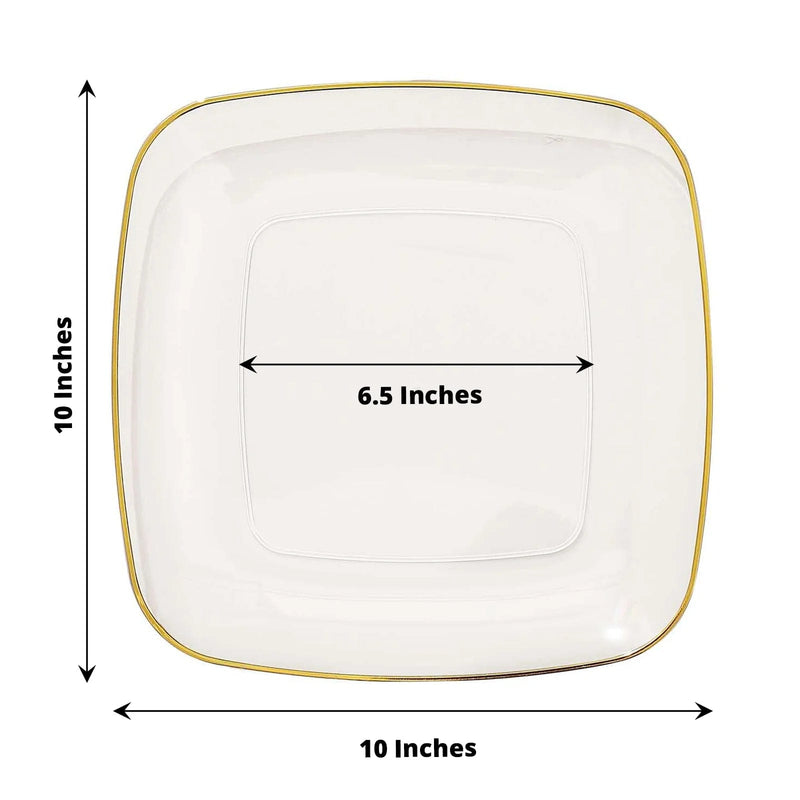 10 Square Plastic Salad and Dinner Plates with Gold Rim - Disposable Tableware