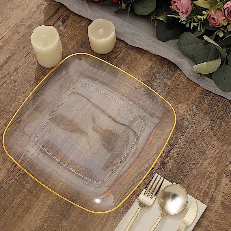 10 Square Plastic Salad and Dinner Plates with Gold Rim - Disposable Tableware