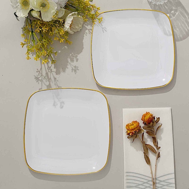 10 Square Plastic Salad and Dinner Plates with Gold Rim - Disposable Tableware