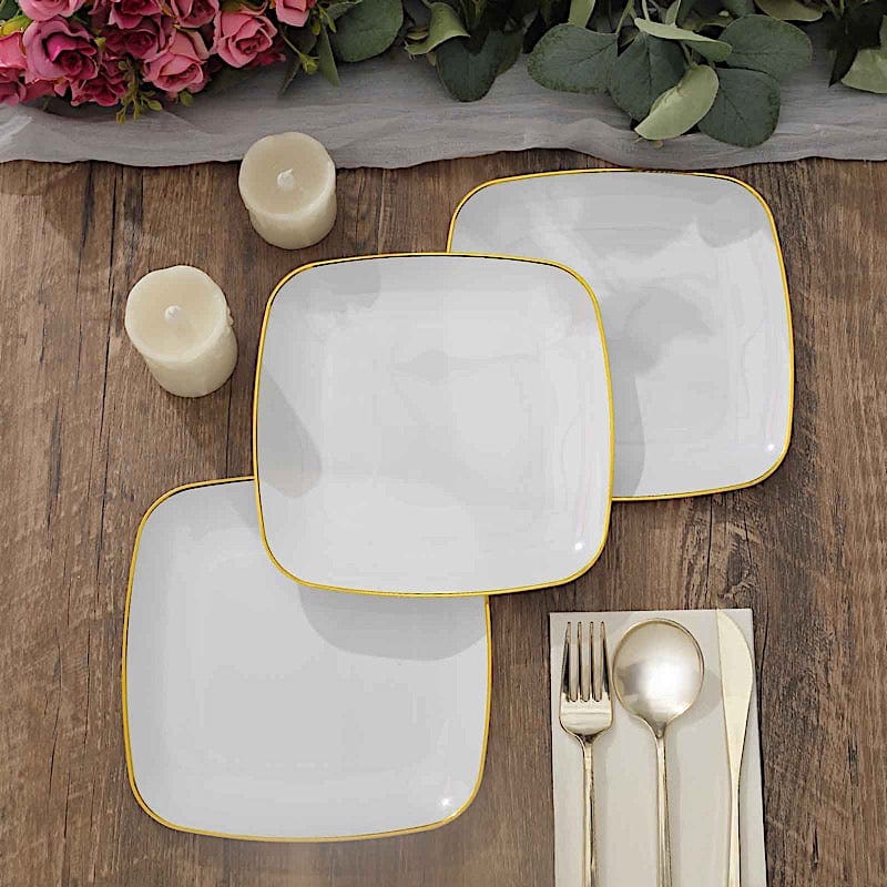 10 Square Plastic Salad and Dinner Plates with Gold Rim - Disposable Tableware