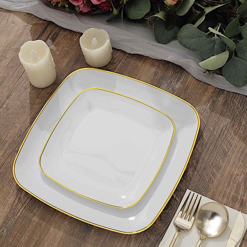 10 Square Plastic Salad and Dinner Plates with Gold Rim - Disposable Tableware