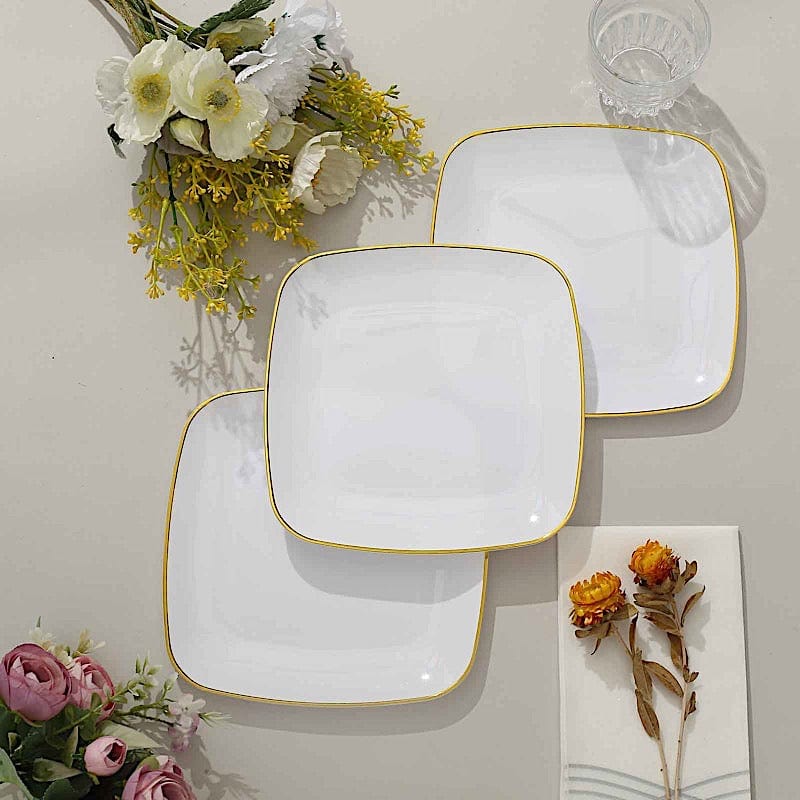 10 Square Plastic Salad and Dinner Plates with Gold Rim - Disposable Tableware