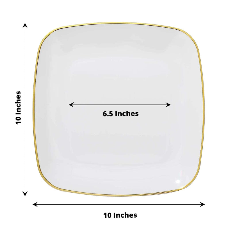 10 Square Plastic Salad and Dinner Plates with Gold Rim - Disposable Tableware