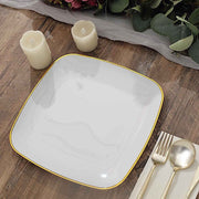 10 Square Plastic Salad and Dinner Plates with Gold Rim - Disposable Tableware