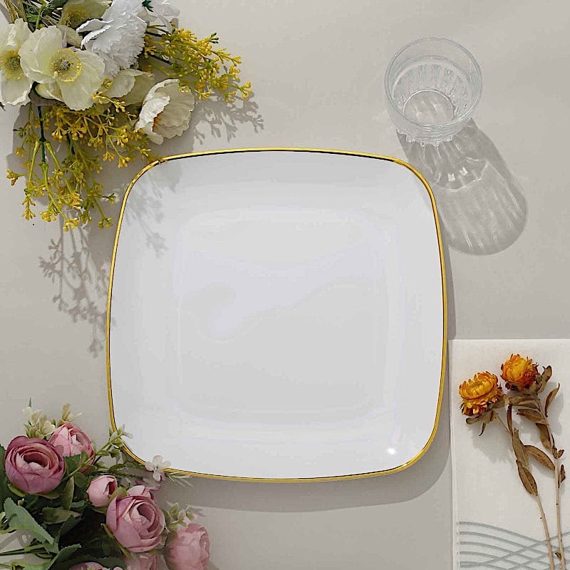 10 Square Plastic Salad and Dinner Plates with Gold Rim - Disposable Tableware