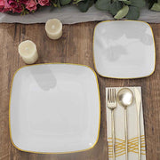 10 Square Plastic Salad and Dinner Plates with Gold Rim - Disposable Tableware