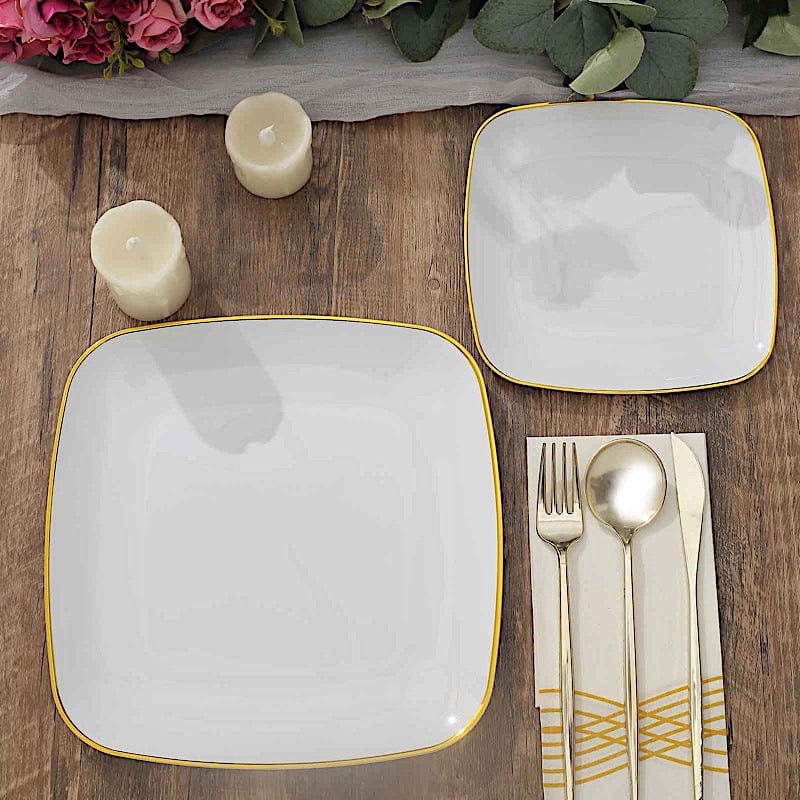10 Square Plastic Salad and Dinner Plates with Gold Rim - Disposable Tableware